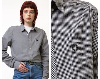 Vintage Fred Perry Checked Cotton Logo Long Sleeve Buttons Up Woman Shirt/ Vintage Fred Perry Medium Unisex Woman Shirt