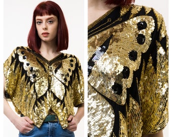 1970s sequins Butterfly Tunic / Black and gold sequins top/ Butterfly poncho top