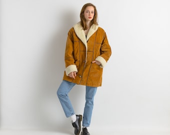 Sherpa Coat Women vintage 80's brown suede oversized sherpa detachable sleeve sunny brown shearl overcoat sustainable fashion Large