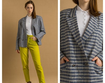 80s Woman Cotton Louis Feraud Linen West Germany Blazer Crop Jacket in Checked Print size 38 Medium