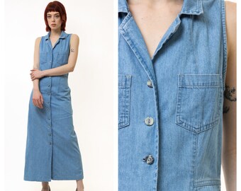 Vintage Blue Denim Casual Maxi Dress Button Front Short Sleeves Pockets size Small