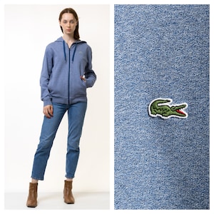 Maglione Lacoste vintage anni '00 Maglione Lacoste Cappuccio Lacoste Streetwear Maglione Lacoste con logo ricamato Maglione blu melange Logo