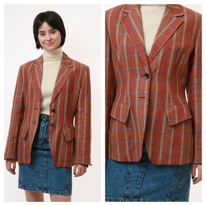 80s Vintage Vtg Rare Checked Lined 100% Linen Long Style Buttons Up Long Length Blazer Jacket Outwear 2347