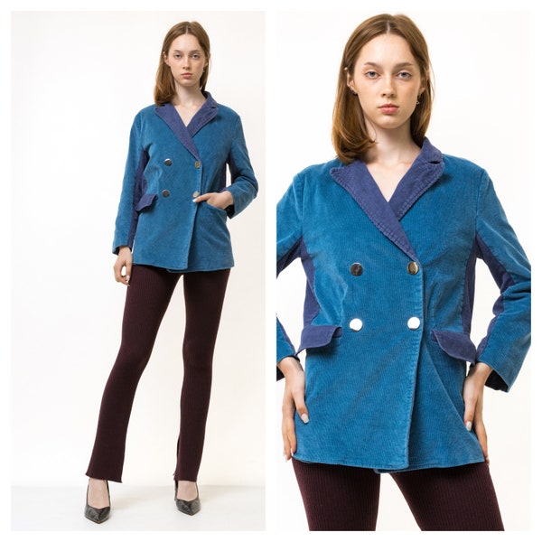 Vintage Cordjacke 80er Damen Blau Lila Jacke Reißverschluss Damen Oberbekleidung Frühling Casual Minimalist 80er Streetwear Kleidung Größe Small S