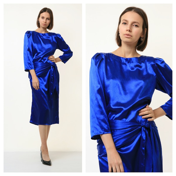 80s Vintage Vtg Rare Evening Blue Midi Long 3/4 Sleeves Pencil Evening Dress 4524 Girlfriend Gift Size S / 80s Vintage Midi Evening Dress