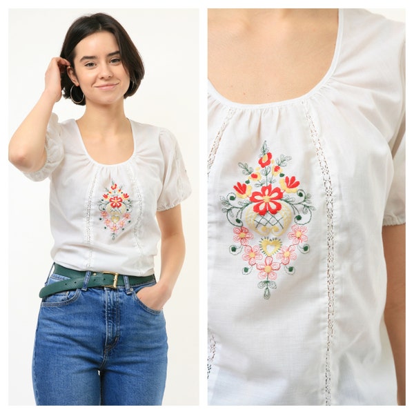 70s Vintage Vtg Rare Alpen Trachten Dirndl Cotton White Embroidered Floral Short Sleeve Woman Tshirt Blouse Shirt 3901 Size S