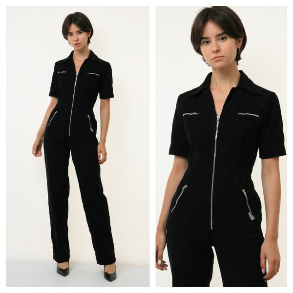 70s Vintage Retro Corduroy Long Pant Black Overalls. Woman Workwear Romper Overalls Jumpsuit Zip Fastens 3193 Girlfriend Gift Present Size S