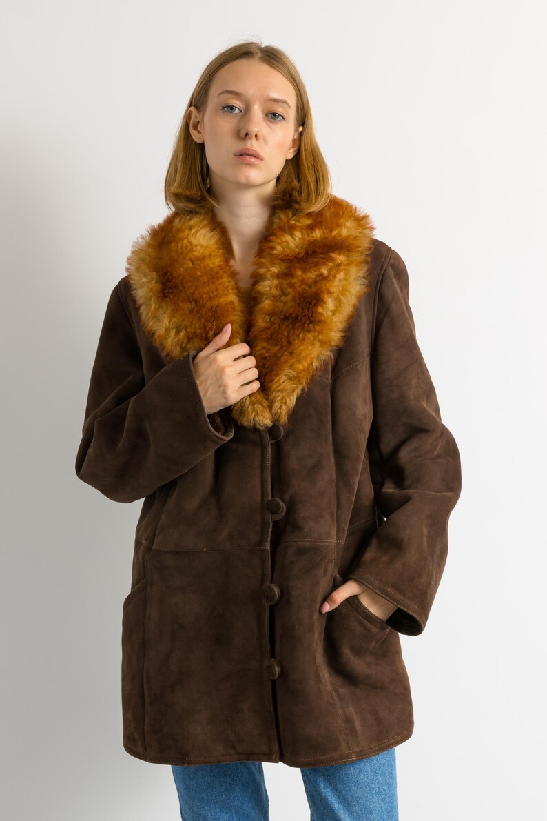 Penny Lane Suede Coat, Size XLarge Vintage Suede Coat, Womens Clothing, Winter Sherpa Coat, Brown Overcoat, 1970s Outerwear image 17