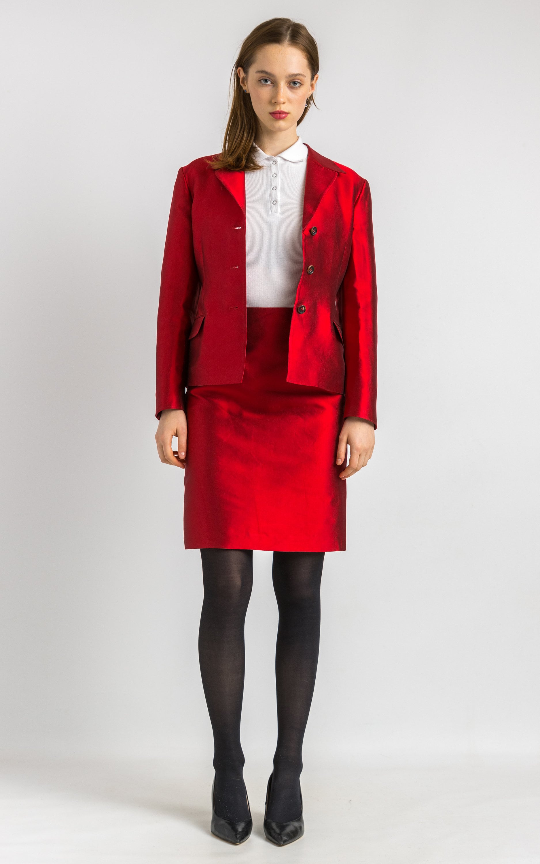 Jil Sander Silk Suit, 80s Red Silk High Waisted Pencil Skirt
