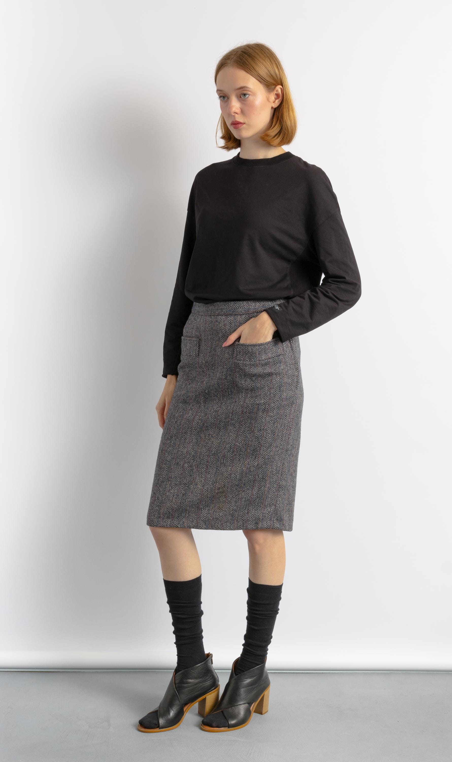 YVES SAINT LAURENT Suit, 80s Gray Wool High Waisted Pencil Skirt