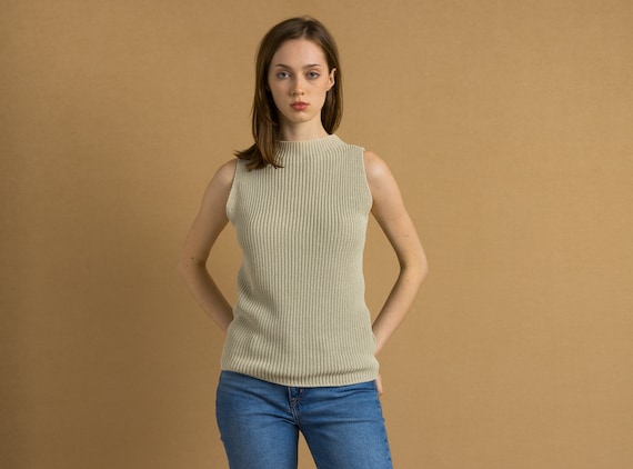 C.P. Company, 90s Vintage C.P. Company Light Khaki Knit Vest size Medium/ Vintage Woman Casuam Minimalist Clothing Jumper