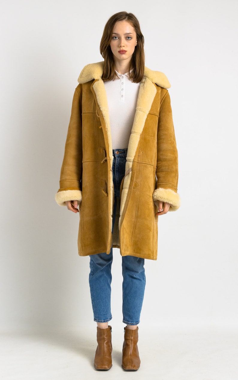 80s Vintage Suede Sheepskin Leather Shearling Fastens Coat Size Medium ...