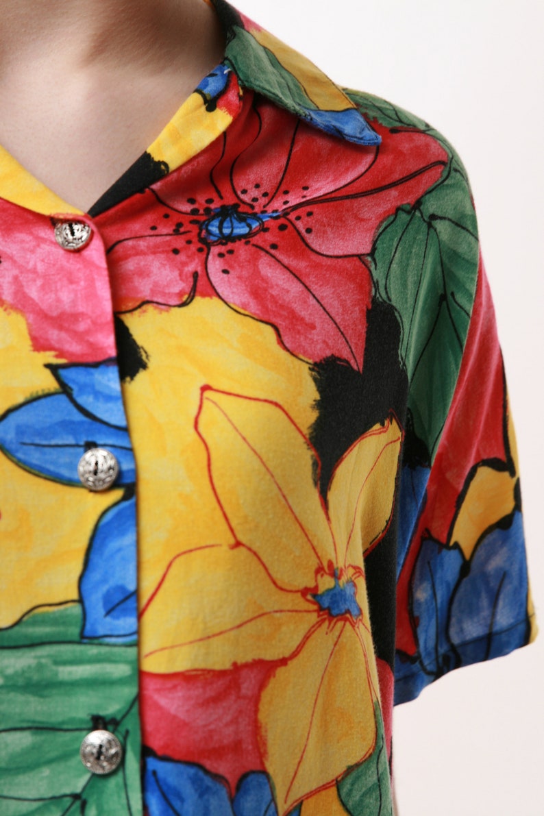 90s Vintage Floral Print Viscose Oversized Shirt Blouse 1522