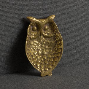 May include: A brass owl-shaped dish featuring a detailed relief of feathers, prominent tufted ears, and circular eyes. The metal surface has a warm, golden-brown tone with textured detailing throughout the body, creating a concave form.