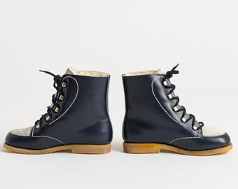 Vintage 70s BALLY Shearling Fur Lether Dark Blue Square Toes Boots