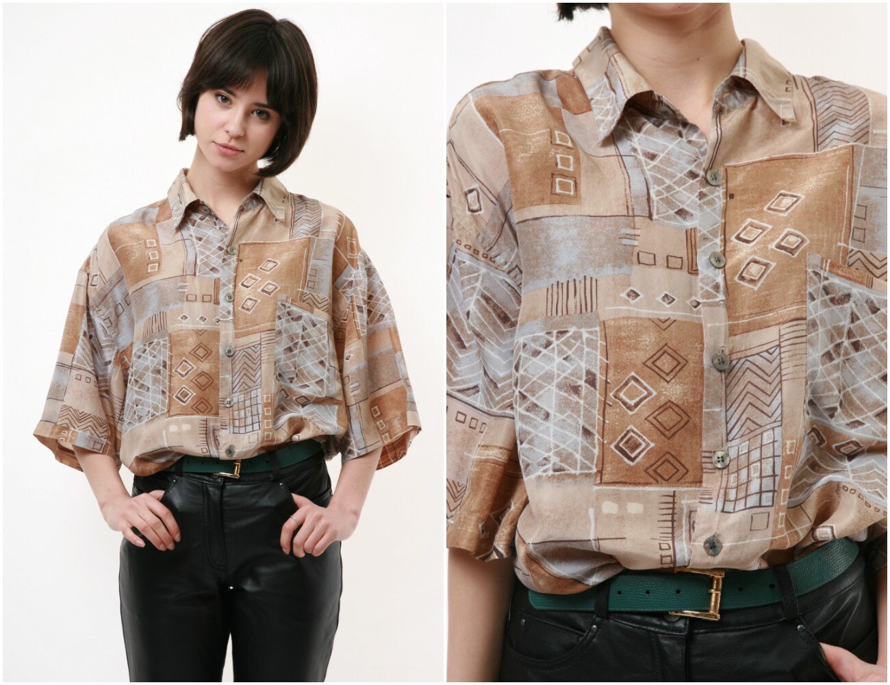 80s Vintage Vtg Rare 100% SILK Vintage Abstract Pattern Geometric Print  Buttons Up Short Sleeve Shirt Blouse Oversized Style 18157