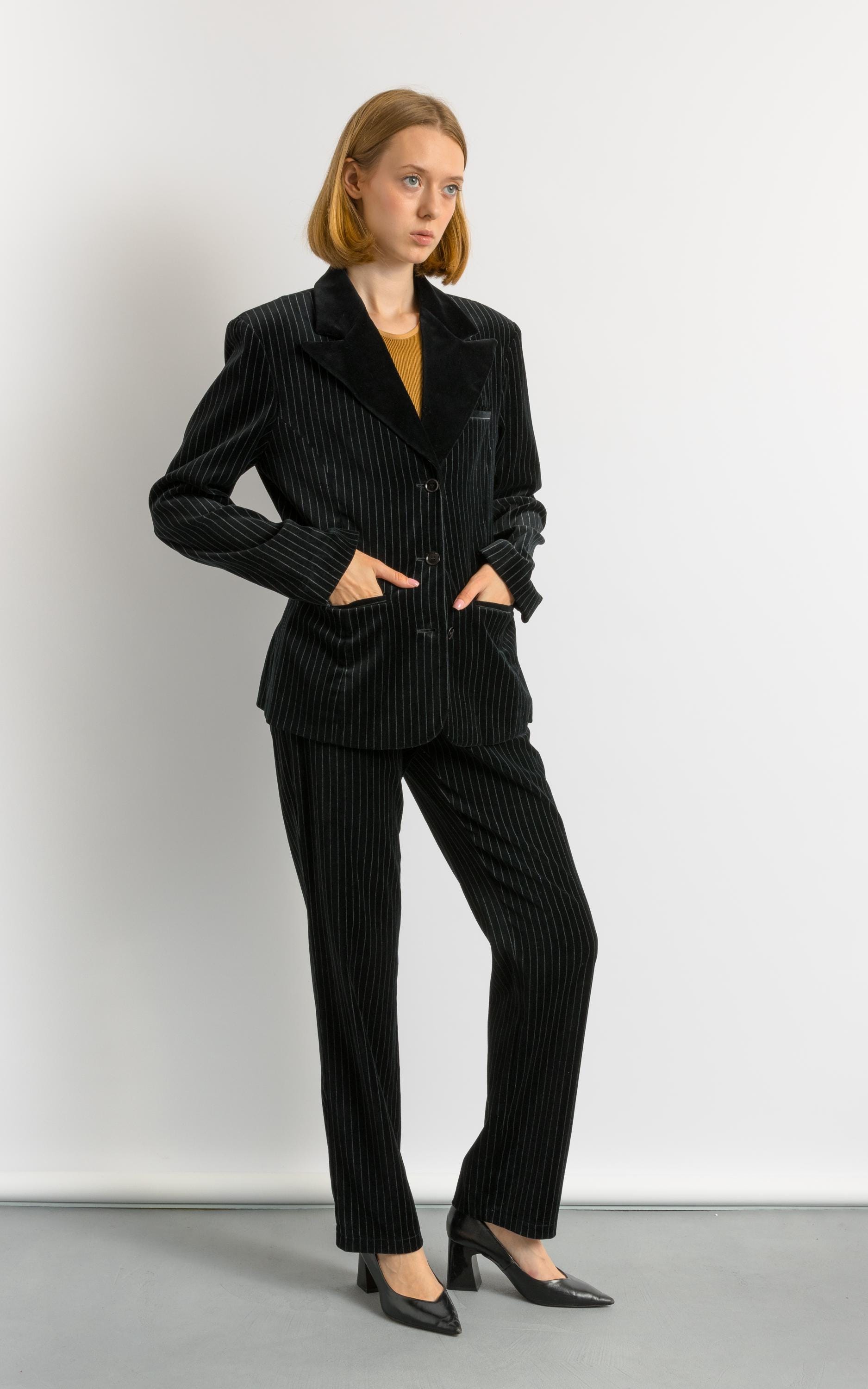 Emporio Armani Velor Suit, 90s Black Armani Striped Pants Suit