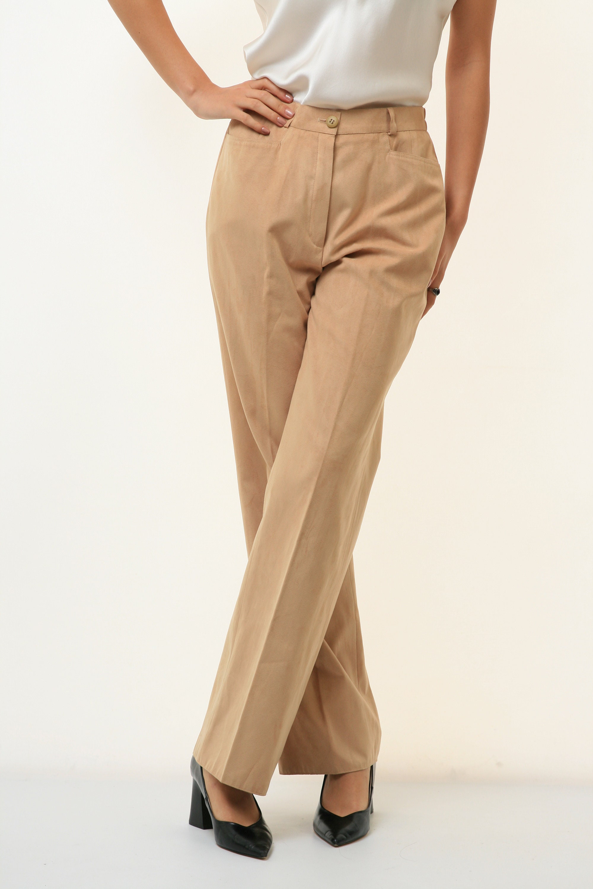 80s Vintage Woman Beige High Waisted Straight Trousers Size