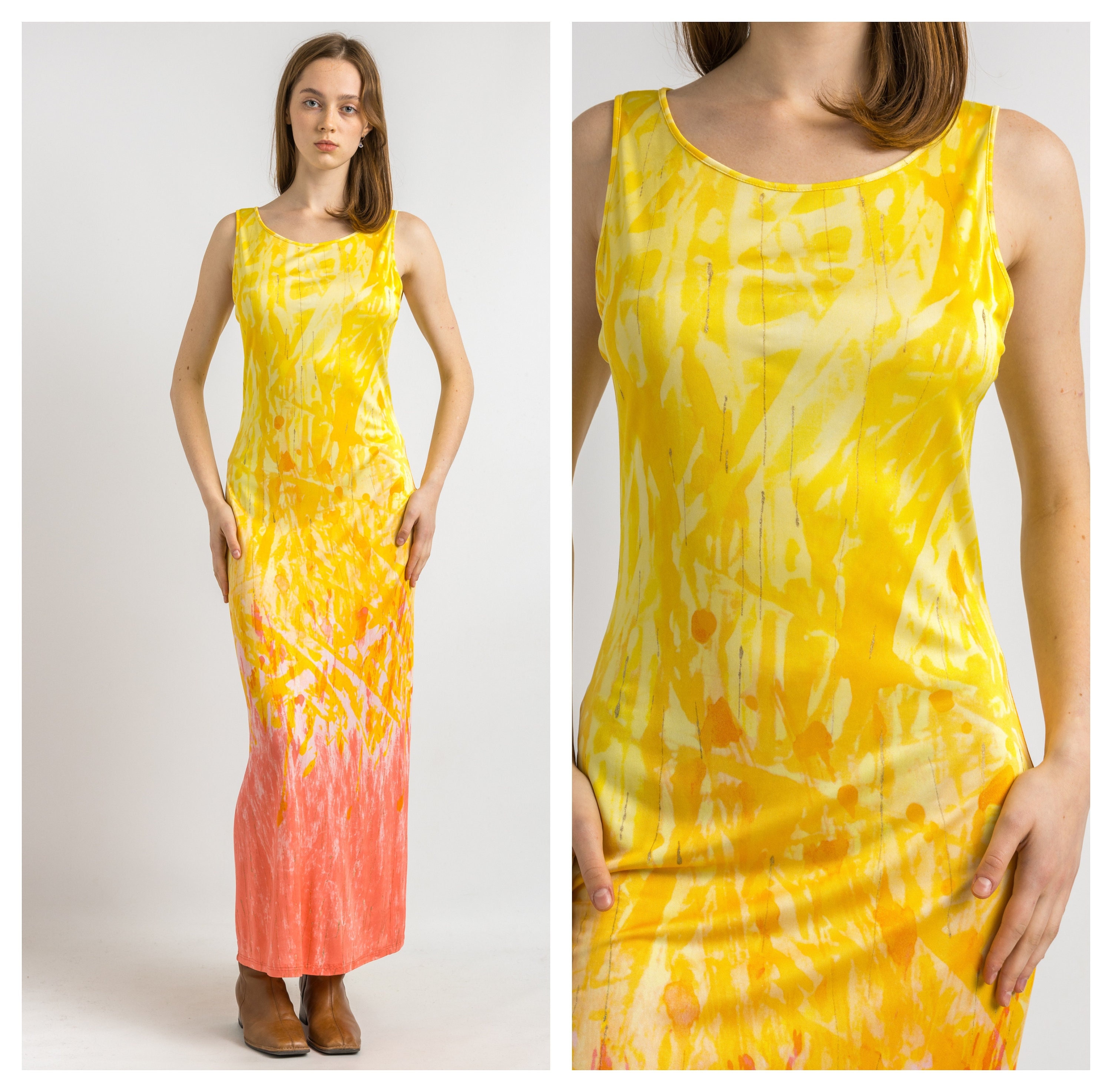 90s Just Cavalli Label Roberto Cavalli Yellow Print Midi Dress
