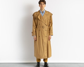 80s Vintage Mens SALKO Austrian Designer Beige Camel Trench Coat Longline Spring Outwear size Large