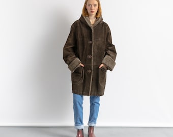 Gray Leather Coat Vintage 80's Women Lined Suede Coat Winter Outerwear Size Large