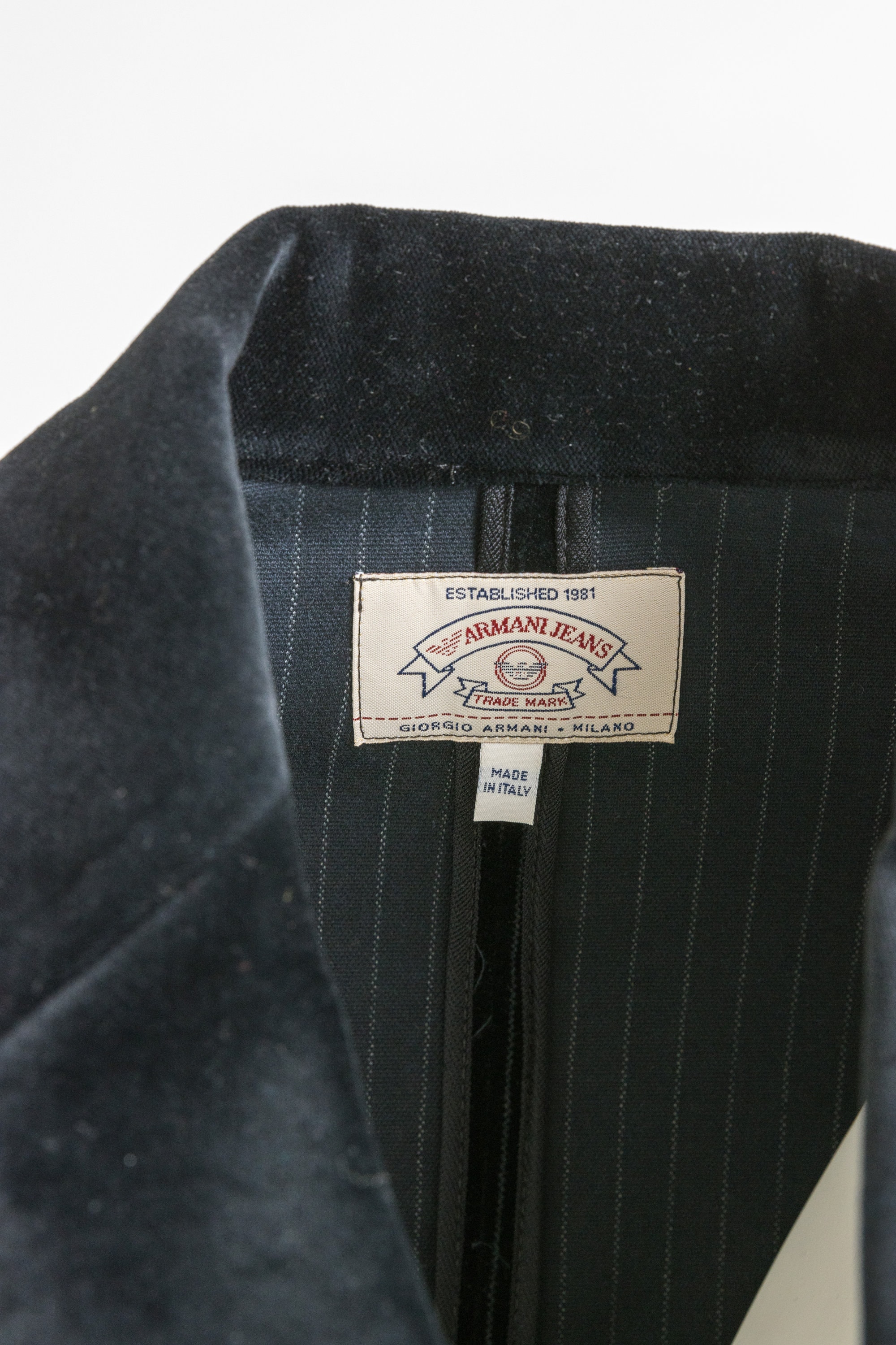 Emporio Armani Velor Suit, 90s Black Armani Striped Pants