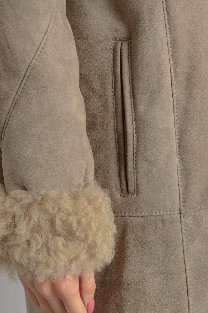 Women Suede Sheepskin Jacket Gray Vintage 80s Retro Winter Outerwear Sheepskin Western Suede Coat Women Vintage Clothing size M image 14