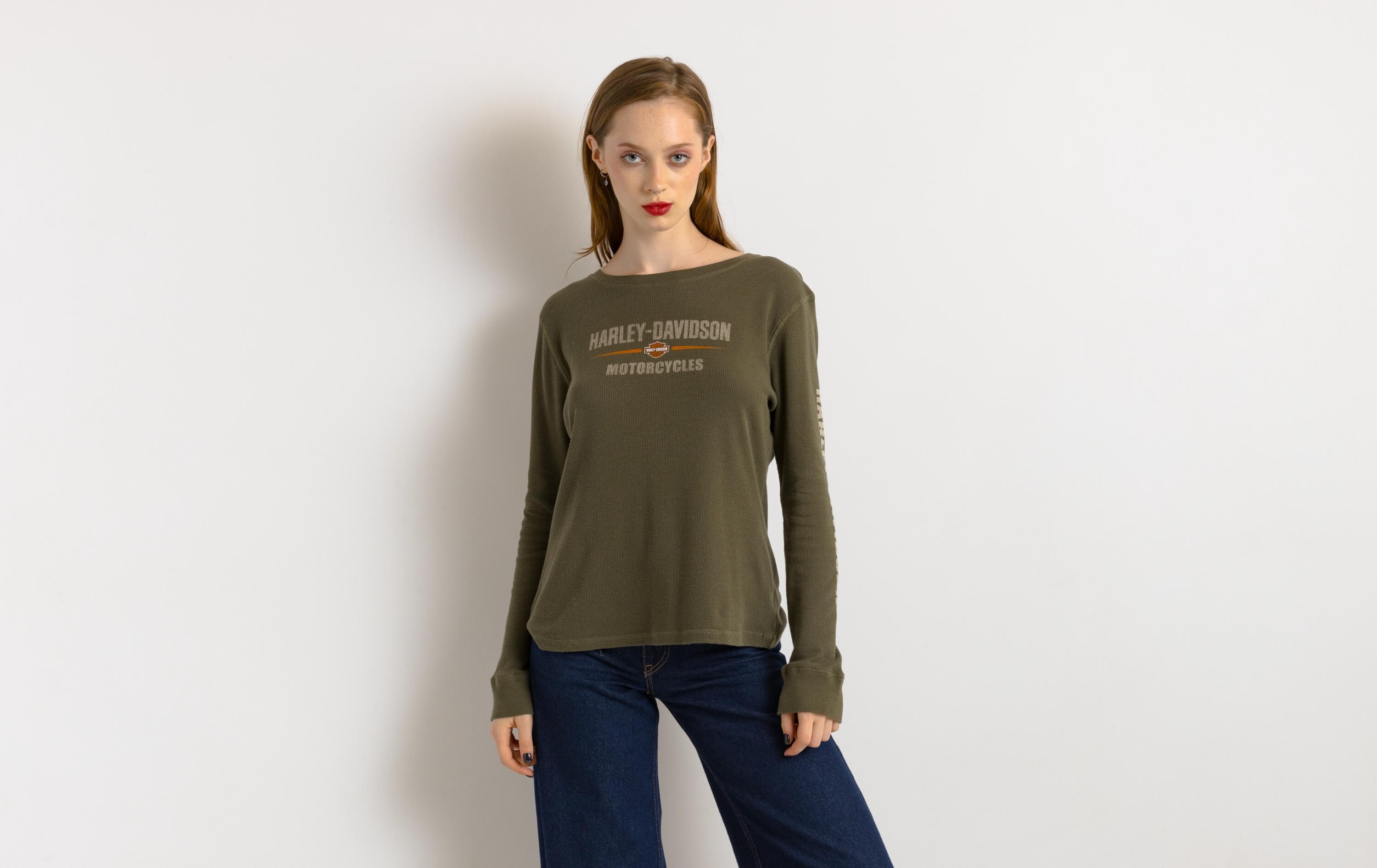◆Harley Davidson◆ Iconic Logo Long Sleeve T-Shirt Khaki HH 90s Vintage Harley Davidson Khaki Logo Long Sleeve Top Woman