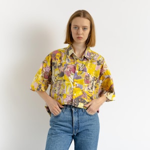 80s Vintage Cotton Aztec Abstract Pattern Unisex Fabric Short Sleeve in Pattern Shirt Buttons Up Blouse size Men&#39;s L Large