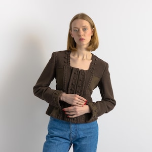 00s YSL Yves Saint Laurent Rive Gauche Wool Schurwool Blazer Lined Zip Long Sleeve Jacket. Vintage Woman Wool Blazer