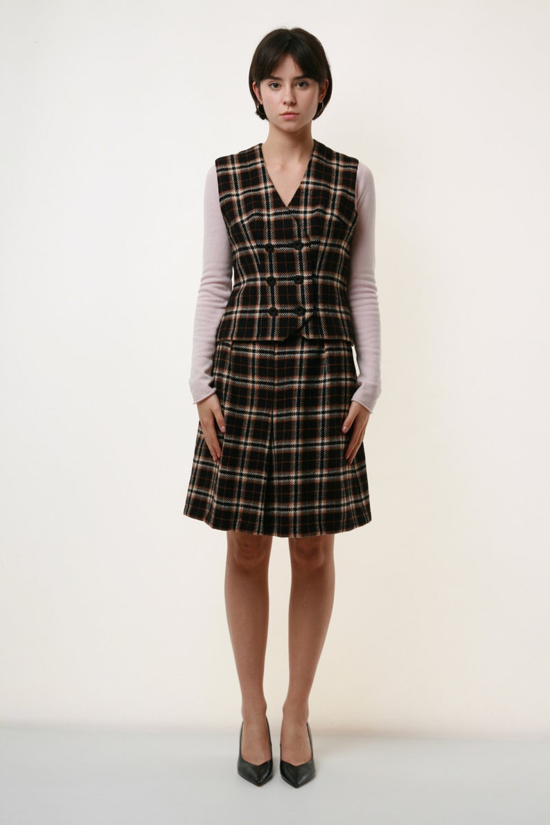 80s vintage Check Wool Suit Vest and Skirt 2002 image 2