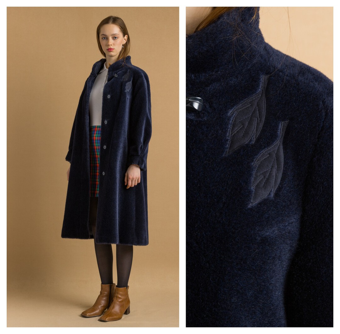 Vintage 80s Wool Longline Duster Coat Navy Blue Medium main image 1