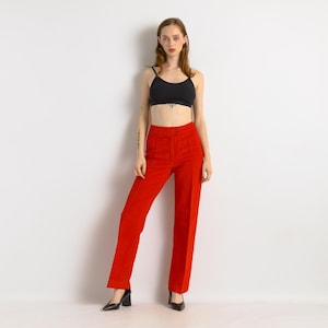 70s Woman Corduroy High Waisted Straight Leg Moms Red Zip Fastens Trousers Pants