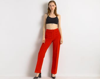 70s Woman Corduroy High Waisted Straight Leg Moms Red Zip Fastens Trousers Pants
