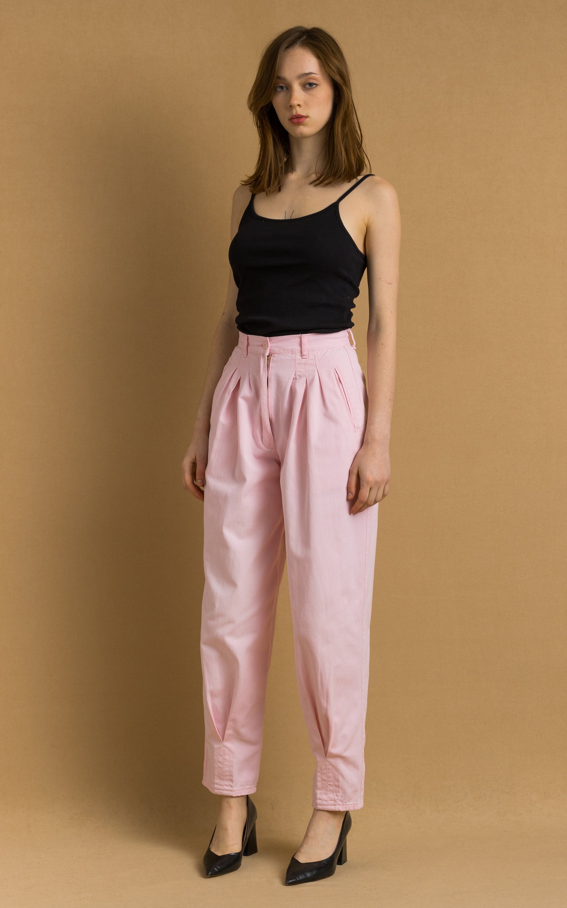 80s Vintage Pink Tapered Cotton High Waisted Woman Summer High 