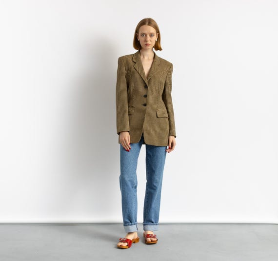 80s Vintage Laurel Sport Checked Wool Schurwool Blazer Lined Buttons Up Long Sleeve Jacket. Vintage Woman Wool Blazer