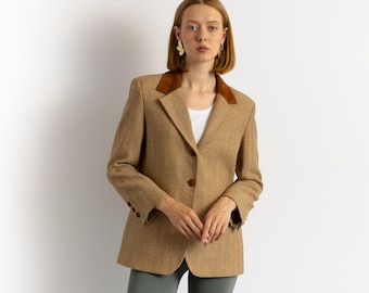 80s Vintage Preowned Woman Light Brown Wool One Breast Buttons Up Blazer size Small