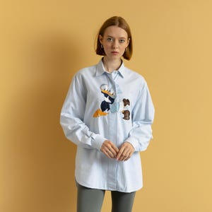 Koszula-bluzka z lat 90. Vintage Disney All Embroidered Big Cartoon Ducks Animal Print Checked Buttons Up Rozmiar L Unisex Fit