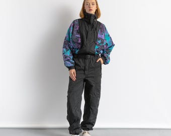 Mono de invierno vintage de los años 80, color negro, sin capucha, forrado con cintura elástica y cinturón, 4683/ Traje de nieve vintage de invierno para mujer