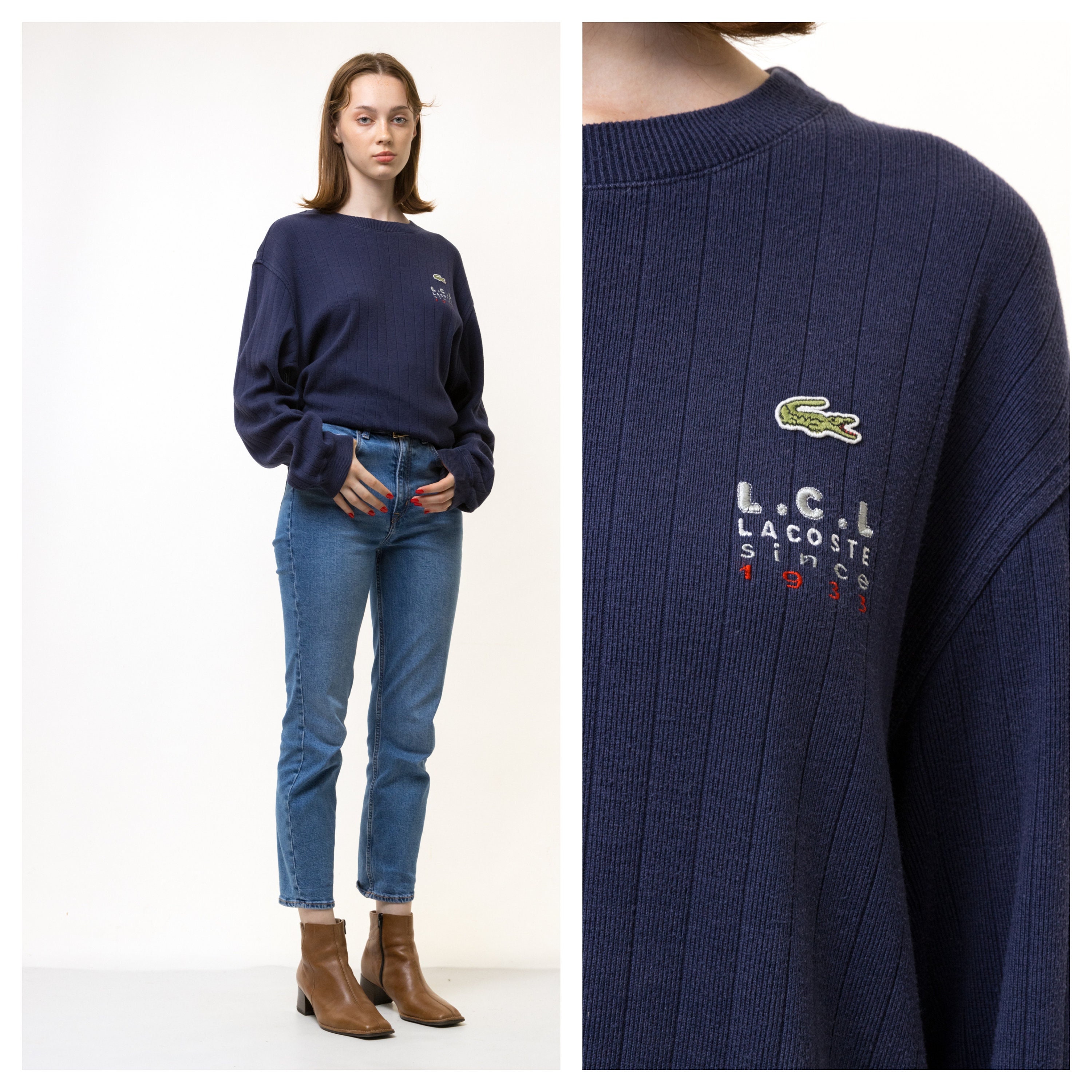 vintage années 80 Lacoste Jumper Lacoste Crew Lacoste Sweater Streetwear Lacoste Logo Brodé Jumper Sweater Bleu Sweatshirt Logo