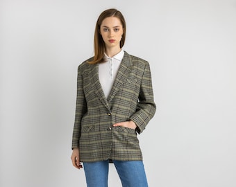 80s Vintage Vtg Rare Pure Wool Woolmark Gray Check Blazer Jacket Button Up size Medium / Vintage Woman Blazer