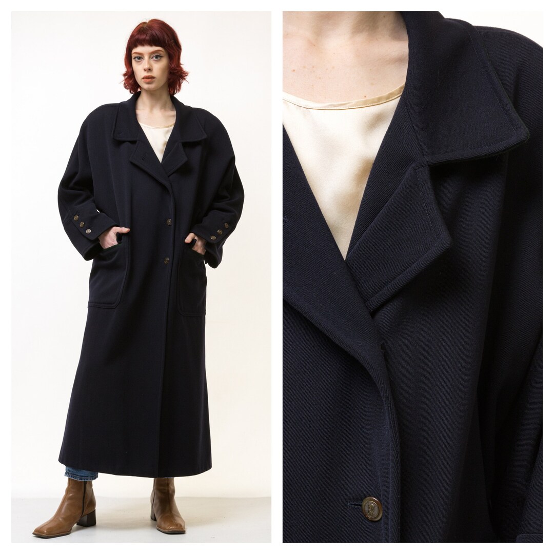 Vintage 80s Wool Midi Coat Grey Blue 16 18