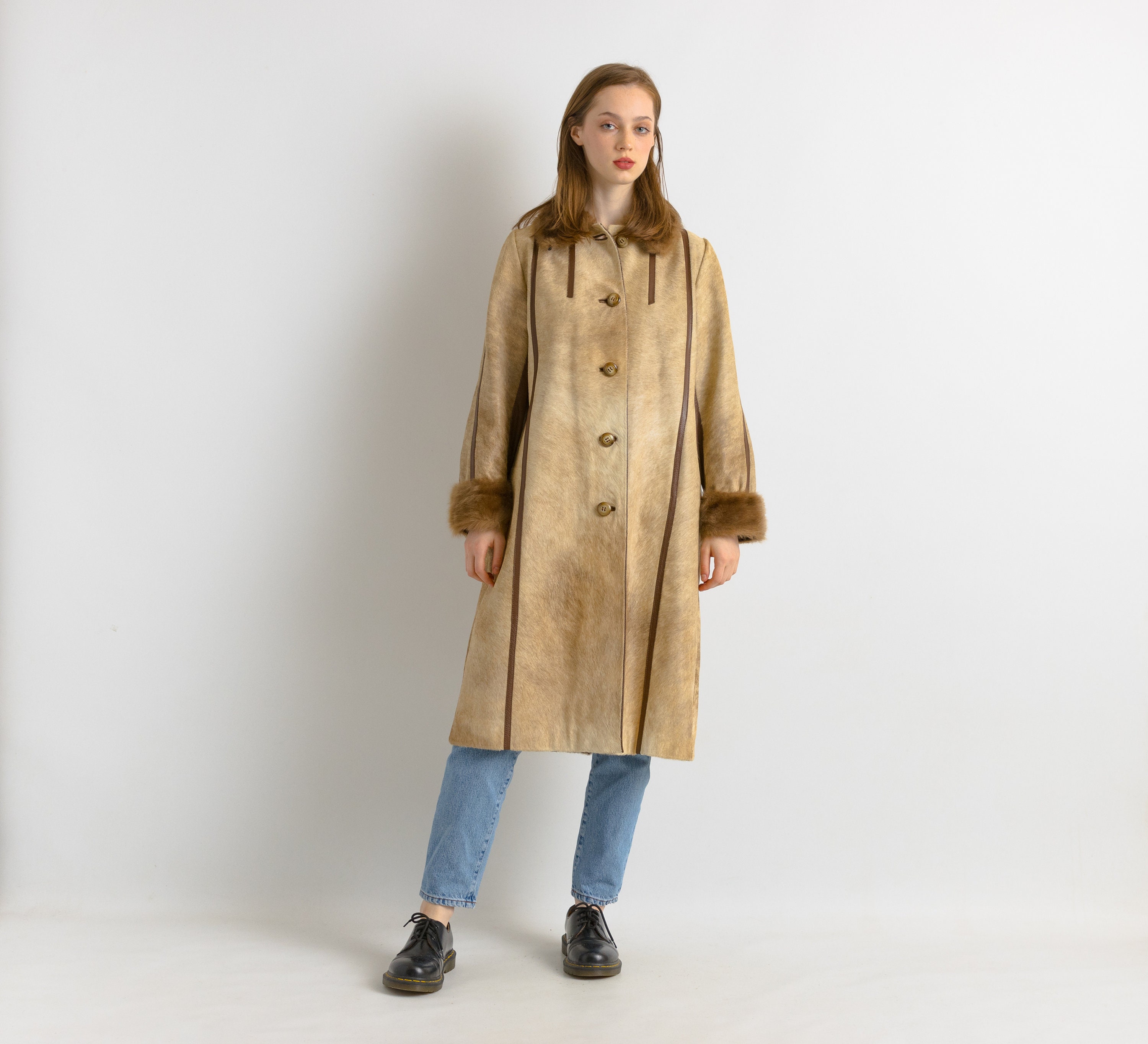 70s Vintage Rare Woman Retro Wool Long Maxi Coat Leather