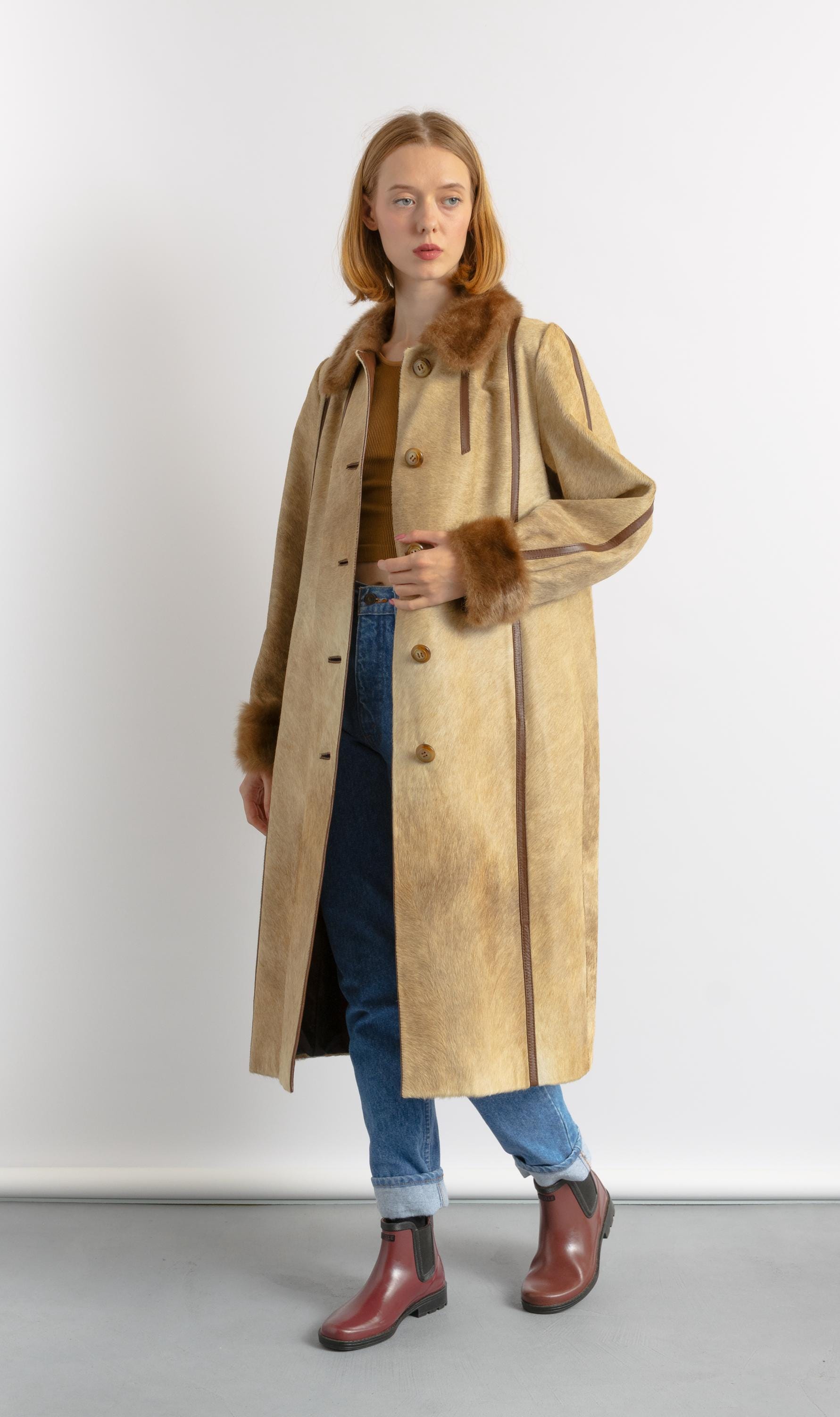 70s Vintage Rare Woman Retro Wool Long Maxi Coat Leather Coat Size