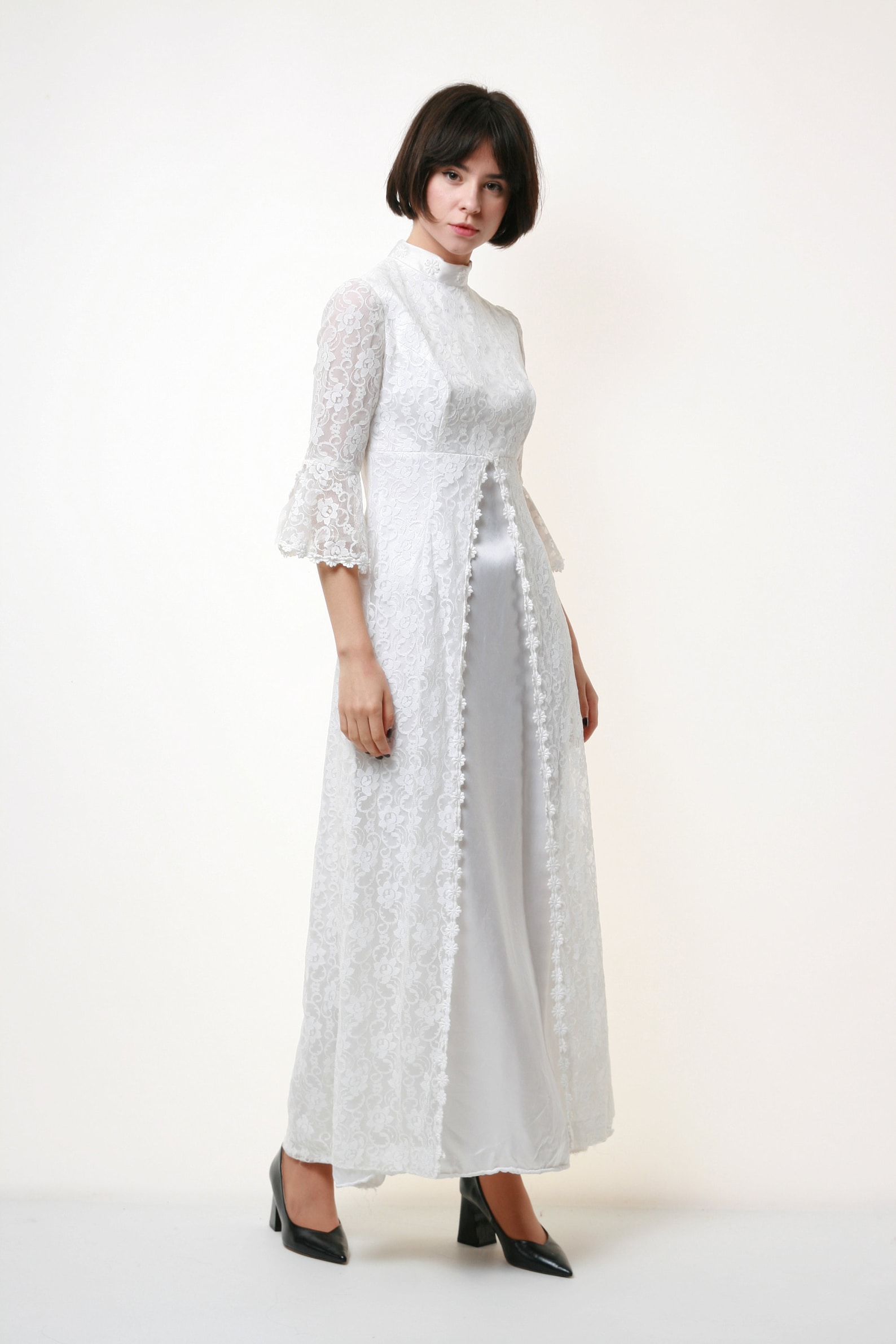 60s/70s White Lace Maxi Dress Embroidered Details, Boho Hippie Maxi Dress