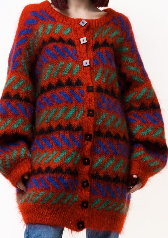 Vintage 70s hand knitted wool patterned sweater O… - image 9