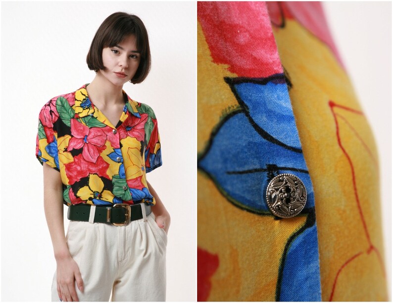 90s Vintage Floral Print Viscose Oversized Shirt Blouse 1522