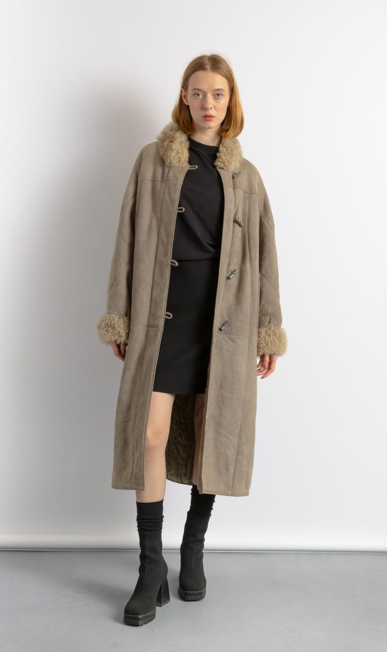 Women Suede Sheepskin Jacket Gray Vintage 80s Retro Winter Outerwear Sheepskin Western Suede Coat Women Vintage Clothing size M image 6