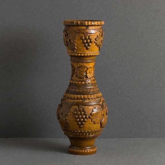 Vintage Oak Wood Turned Carved Vase Large
