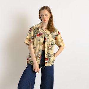 Anni '80 cotone vintage modello astratto azteco tessuto unisex manica corta in fantasia camicia bottoni camicetta taglia S piccola da uomo